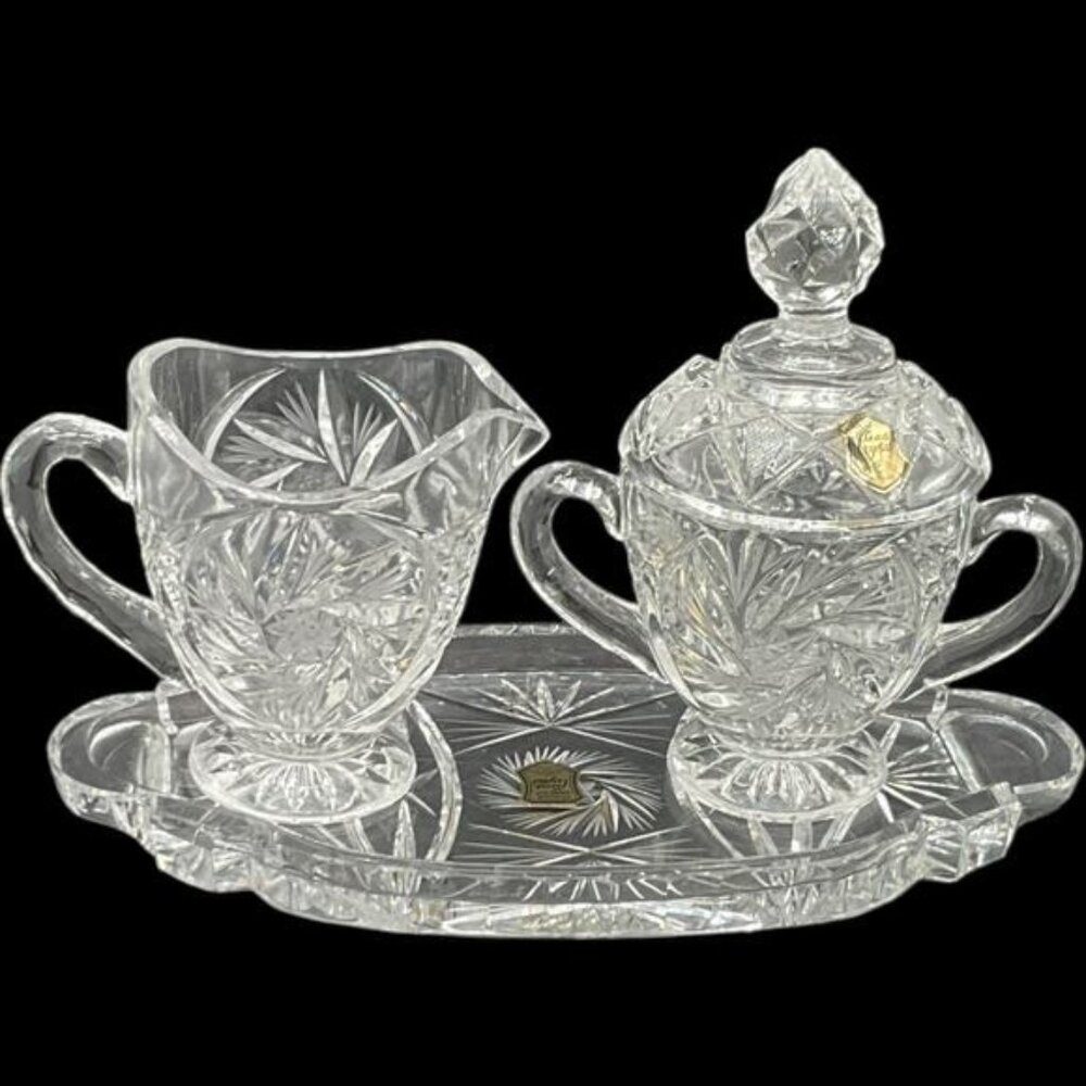 Vintage Lead Crystal Sugar & Creamer Set With Tray & Lid Hand Cut